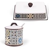 Maestro Holiday in Porto – Conjunto de azucarero de 300 ml con cucharilla y mantequera decorativos de cerámica, diseño portugués azul y blanco, MR-20005