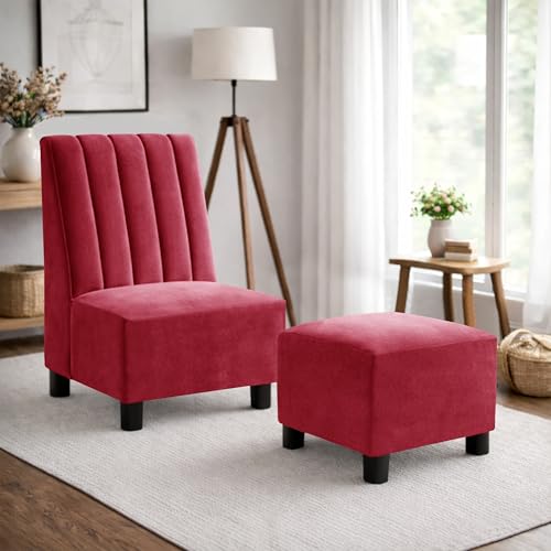 Image of Rosebell Sofa with Ottoman Combo Single Seater Sofa Set with Matching Footrest for Living Room & Bedroom - Red Color