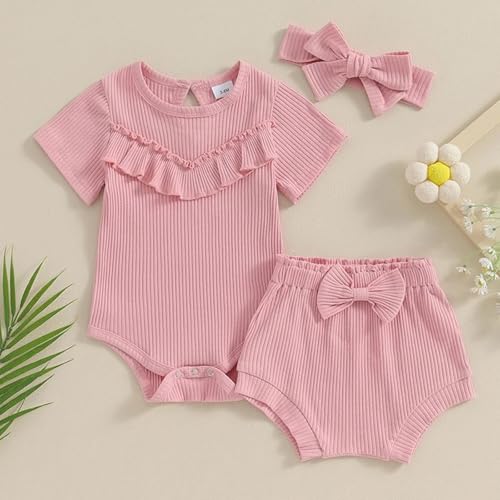 Baby Girls Outfits Summer Solid Color Short Sleeve Bodysuit Shorts with Headband Newborn Clothes Set Rib Ruffle Bodysuit4