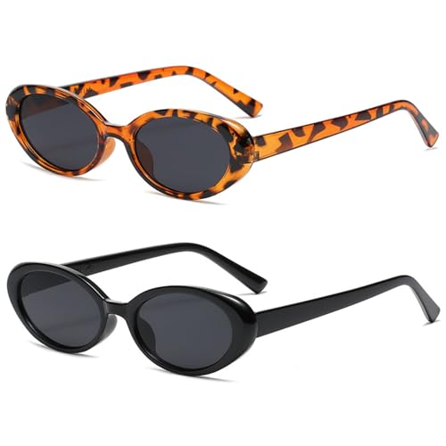 SSKHE 2 gafas de sol ovaladas vintage UV400, gafas de sol para hombre y mujer, accesorio de fiesta, estilo estético, 2 estilos, Negro Leopardo