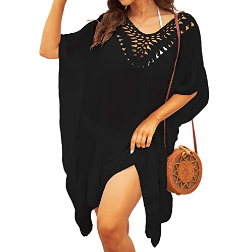 Adisputent Strandkleid Damen Sommerkleid V-Ausschnitt Sexy Oversize Boho Minikleid Spitze Strandponcho Sommer T-Shirt Strandurlaub Bademode Badeanzug Bikini Cover Up(Typ7-Schwarz, Einheitsgröße) Cover
