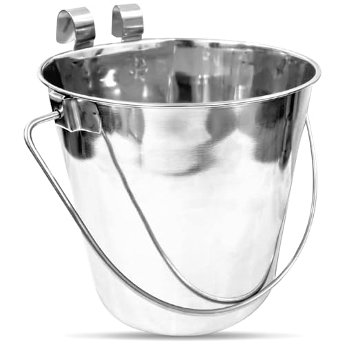 PetYupp Half Gallon Stainless Steel Bucket - Heavy Duty Flat-Side Metal Bucket for Pets & Livestock Feeding - Rust Resistant Water Bucket with Hooks for Kennels Cages Crates & Fences - 2 Quart