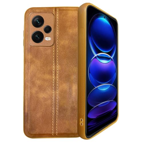 Image of A rtistque Premium Thread Leather Back Cover Case for Poco X5 5G / Mi Redmi Note 12 5G | Drop Protection | Smooth Grip | Raised Camera Edges - Brown