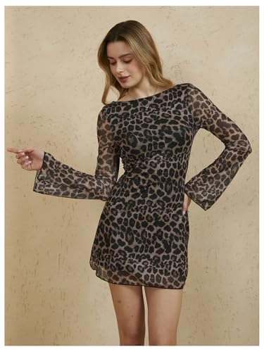 MakeMeChic Women's Leopard Print Dress Y2k Backless Mesh Bell Sleeve Mini Cheetah Print Dress4