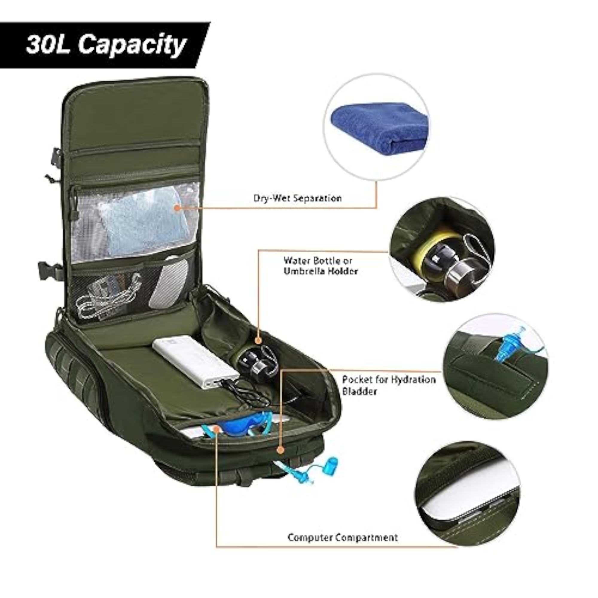 30L Tactical Military Daypack for Outdoor Sports