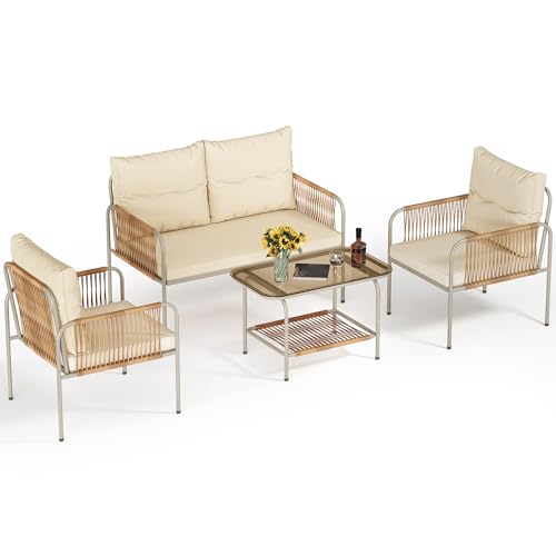 YITAHOME 4 Pieces Patio Furniture Set, Wicker Outdoor Conversation Set, All-Weather Rattan Bistro Set with Loveseat Set, Coffee Table and Cushions for Backyard, Balcony, Deck - Beige