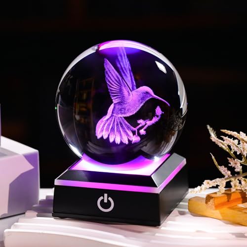 Image of 3D Crystal Ball Hummingbird Gifts for Women Unique Snow Globe Decor for Adults Glass Humming Birds Figurines Xmas Ornament with LED Base Lamp Collectibles Sculpture for Valentines