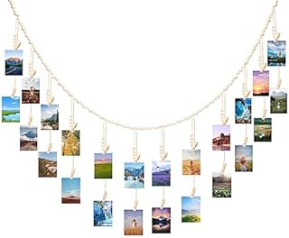 Anwyll Hanging Photo Display with 24 Clips,Boho Wooden Beads Garland,Wall Hanging Photo Garland Display Clip,5.9Ft Photo Holders Picture Frame Collage for DIY Wall Decorations,Home,Office,Dorm Decor