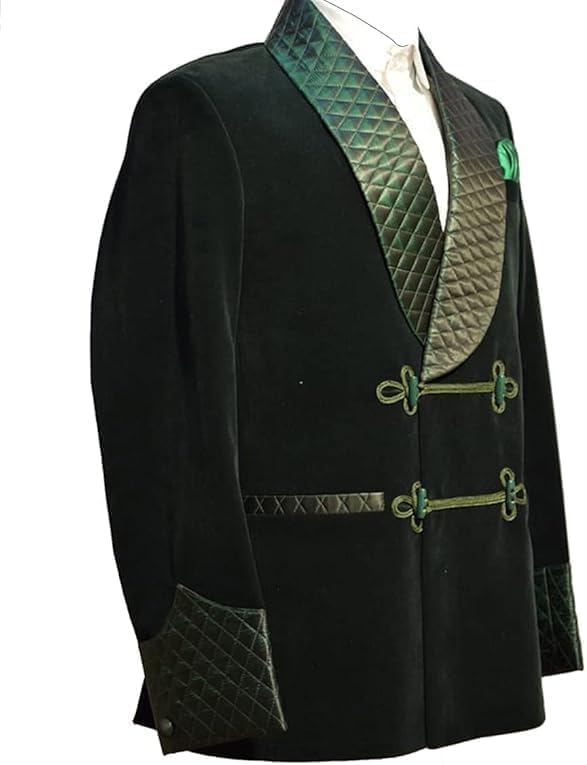 Men’s Green Velvet Smoking Jacket with Quilted Shawl Collar & Frog Closure – Luxury Vintage Lounge Robe2