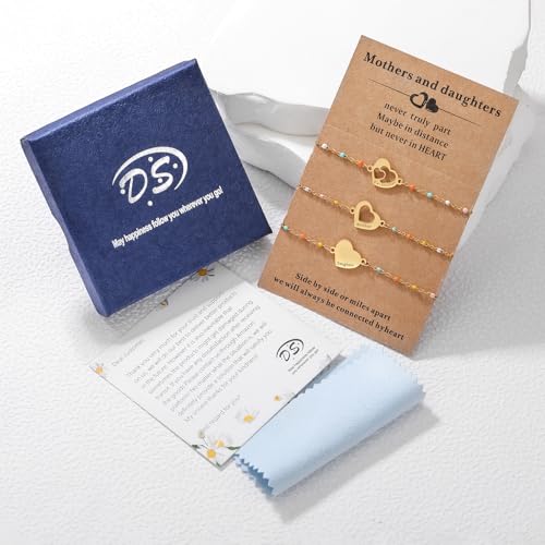 Image of DS Mother Daughter Bracelets Set,18K Gold Plated Stainless Steel Heart Jewelry for Women Girls,Mothers Day Gifts for Mom /Daughter,Adjustable Matching Bracelets for Mommy and Me gift box packaging