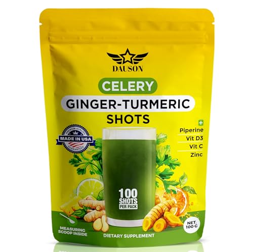Celery Ginger Turmeric Shots Powder with Vitamin C, D3 & Zinc – Daily Detox & Immune Support with Black Pepper & Inulin – Citrus Wellness Drink Mix (100 Shots, Celery)