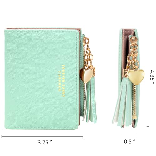 Image of KOTORA Womens Small Wallet Girls Tiny Slim Wallets Pretty Mini Card Holder Thin Short Zip Coin Purse with Love Pendant and Tassels (Green)