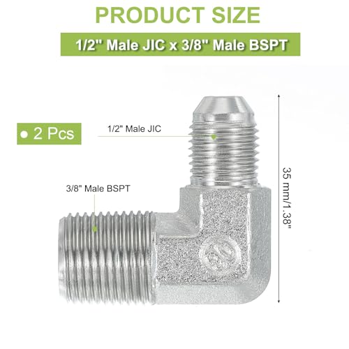 Image of PATIKIL 90 Degree Pipe Adapter, 2 Pcs 1 /2 inch Male 37 Flare JIC x 3 /8 inch BSPT Male Connector Carbon Steel Elbow Fitting for Air Hydraulic Fluid Fuel Water Oil, Silver