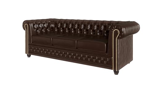 S-Style Möbel George Sofa 3-Sitzer Chesterfield-Sofa für Wohnzimmer Lounge Couch Aus Veganem Leder Möbel Freistehende Polster Sofas & Couches Couchgarnitur Braun 203 x 86 x 72 cm