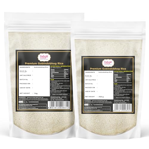 Image of Delight Foods Premium Gobindobhog Rice Bengali, 1.7Kg (Set of 2 Packs - 1kg + 700g) | 2years Old Aged | Unpolished Aromatic Short Grain Chawal | Grown in Bengal | Ideal for Payesh /Kheer, Biryani & Pulao