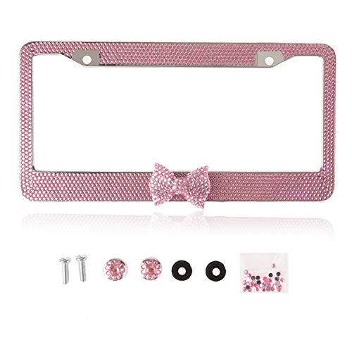 Handmade Fashion Pink Frame Pink Bow Bling Crystal Car License Plate Frame Cute Waterproof Gift Rhinestone SUV License Plate Holder Stainless Steel Truck Plate Frame for Christmas(1 Frame)
