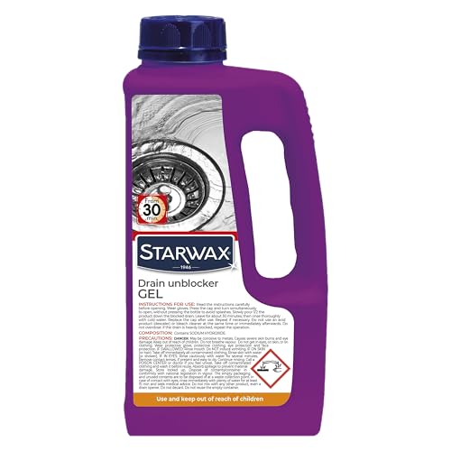 STARWAX Drain Unblocker Gel 1L, Super Powerful 30% Caustic Soda, Works in Standing Water, Fast 30 Min Action, Kitchen & Bathroom Sink Cleaner, 2 Uses