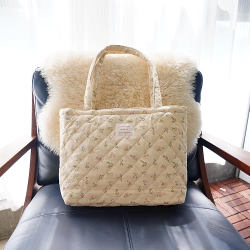 Image of Floral Quilted Cotton Shoulder Bag for Women Daily Use Medium Size Handbag Large Capacity Thickened Design Tote