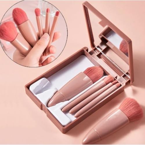 Conjunto de Escovas Kit Pincel de Maquiagem Profissional Com Espelho 5 Peças Cerdas Densas Confortáv