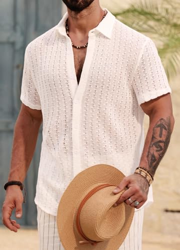 Men's Knit Hollow Out Shirt Casual Summer Vacation Crochet Textured Button Down Shirts (S-XXL)3