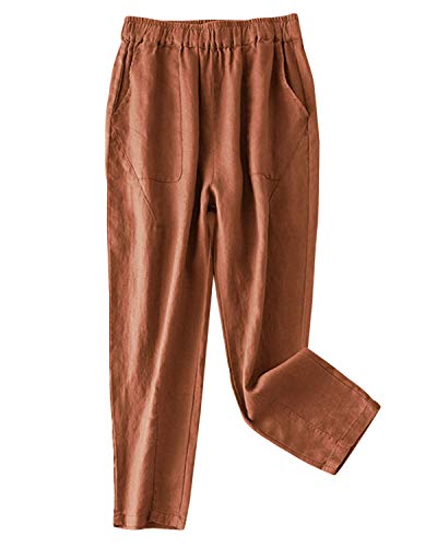 IXIMO Women's 100% Linen Capris Elastic Waist Tapered Cropped Pants with Pockets Orange XXL
