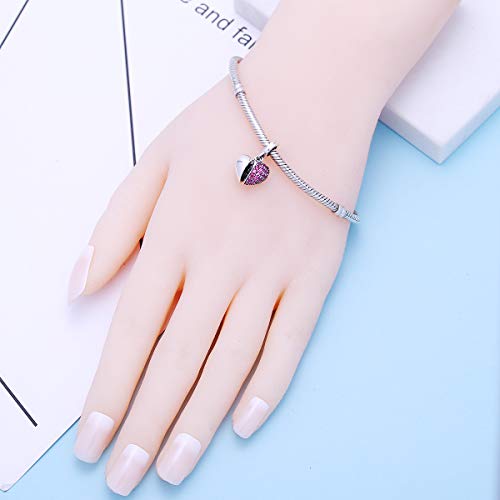 I Love You Heart Charm 925 Sterling Silver Dangle Bead Crystal Valentine's Day Gifts Fits Pandora European Bracelet Necklace(Fushcia -1) #TOP6