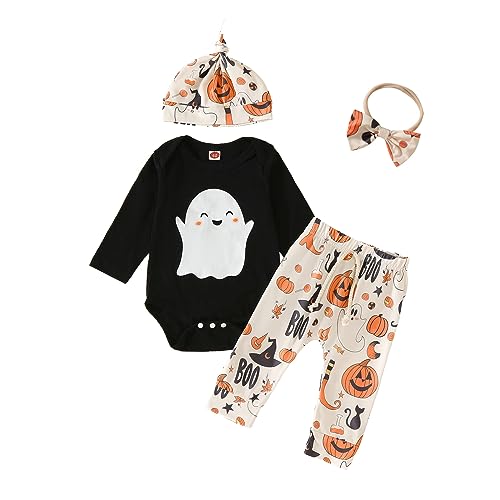 Image of Zoiuytrg Baby Girl Boy Fall Clothes Little Pumpkin Long Sleeve Romper Tops Pumpkin Pants Newborn Halloween Outfit (Black, 0-3 Months)