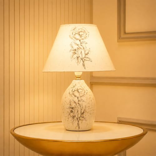 Image of ELARE Ceramic Table Lamp with Floral Printed Fabric Shade, LED Bulb Included, Bedside Lamp for Girls Bedroom, Living Room & Home Decor, White (38 cm)