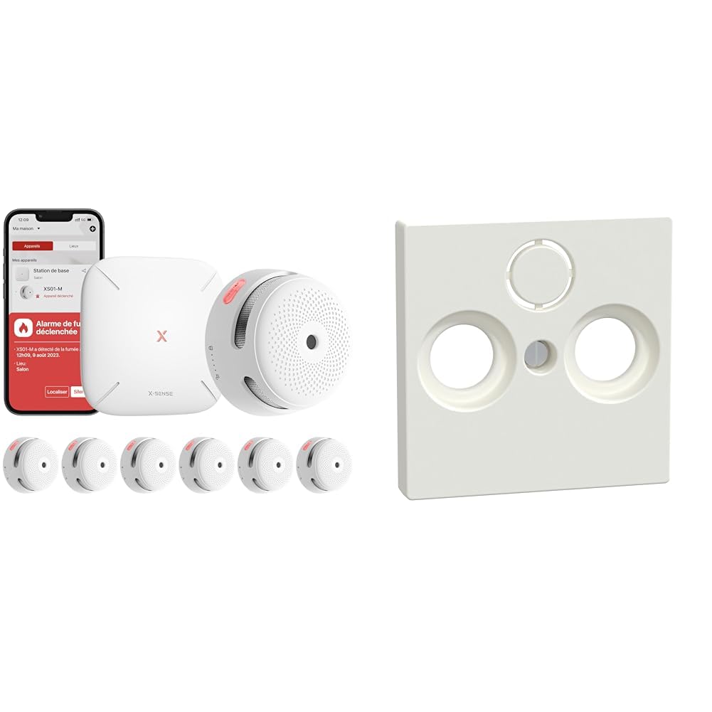 X-Sense XS01-M ProConnected Rauchmelder mit SBS50 Basisstation & Schneider Electric Merten 391619 Blindabdeckung, polarweiß glänzend, System M, 1x Blindabdeckung, Made in Germany
