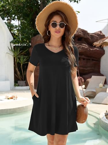 Image of KORSIS Dresses for Women Casual T-Shirt Summer Short Sleeve Loose Comfy Dress Swing Flowy Beach Vacation Sundress with Pocket