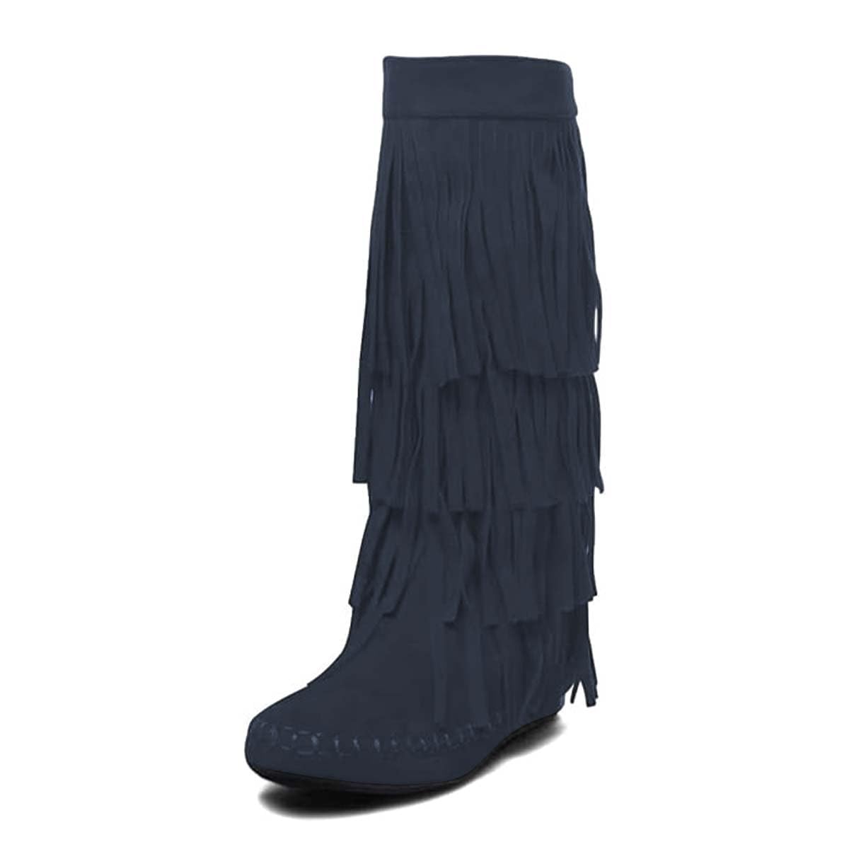 miss left Women Classic Layer Fringe Moccasin Boots Closed Round Toe Flat Knee High Boot Tassels Pull On