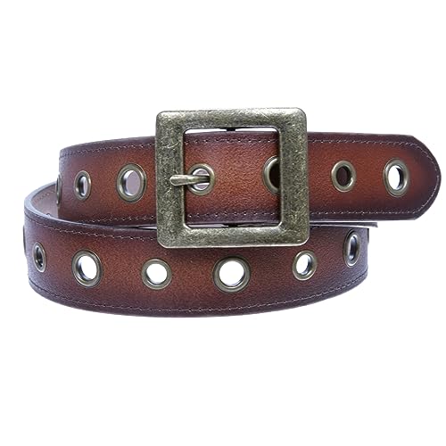 Square Buckle Grommets Vintage Distressed Leather Jean Belt3