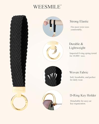 Image of WEESMILE Keychain Wristlet, Stretchy Key Chain for Car Keys with 2 Keyrings and D ring, Cute Wrist Lanyard for Women Men