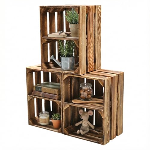 teramico Lot de 3 caisses à vin en Bois - Flammées - 40 x 30 x 25 cm - avec étagère intermédiaire - comme étagère et décoration (3 x Cartes installées)