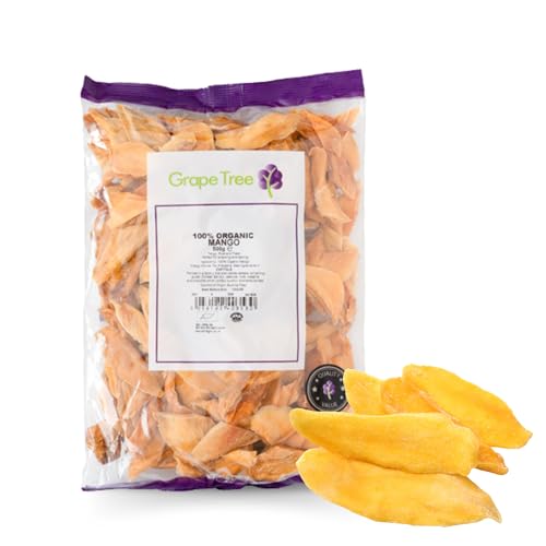 Grape Tree (500g) Organic Dried Mango. Tropically Sweet Chewy Dried Fruit Slices, Perfect for Vegan and Healthy Snacking, Lunchbox Snacks. High In Fibre, Low in Fat. Organic Mango Snack