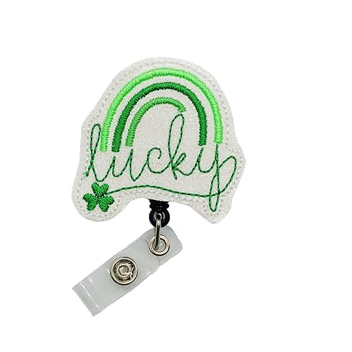 Lucky Rainbow Badge Reel, Retractable St Patrick's Day ID Holder, Green Shamrock Name Tag Clip (belt clip)