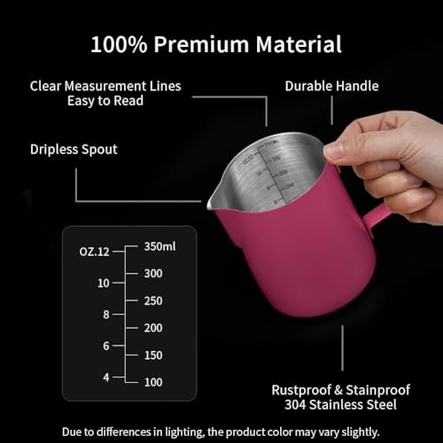 Image of watchget 12oz Milk Frothing Pitcher Stainless Steel Espresso Steaming Jug | Clear Internal Scale, Milk Coffee Cappuccino Latte Art Barista Steam Pitchers,Barista Coffee Bar Accessories, 350ml, Magenta