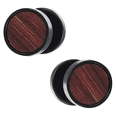 10mm Mens Women Black Circle Stud Earrings with Wood Steel Cheater Fake Ear Plugs Gauges Tunnel 01(-) Cover