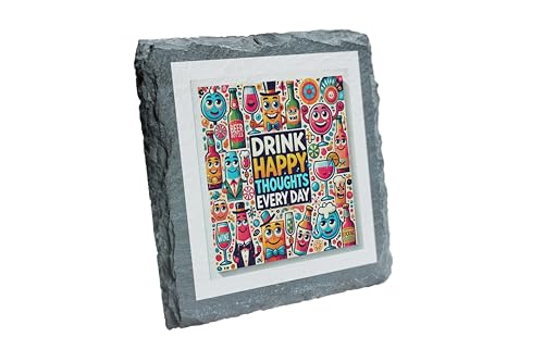 Bases para copos de ardósia Drink Happy Thoughts - Acessório divertido e vibrante para bebidas (slco-ds24-drinkthoughtsrg)