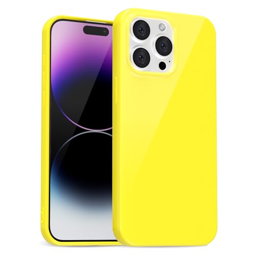uvcoat for iPhone 14 Pro Max Case Silicone, Glossy Cute Jelly Soft Rubber Gel Protective Plastic Phone Case, Thin Ultra Slim Plain Solid Color Cover for Women, Yellow