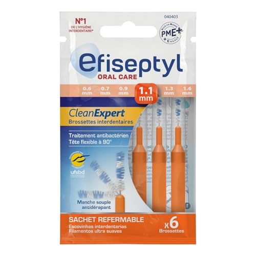 Efiseptyl - Brossettes Interdentaires Clean Expert 1,1mm - Sachet Refermable - Avec Traitement Antibactérien - Sachet de 6 Brossettes