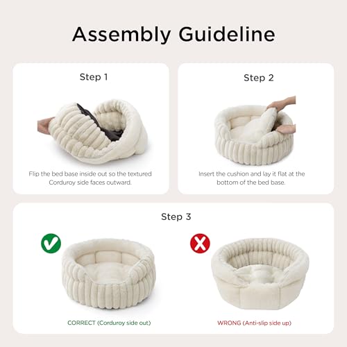 BEDSURE Flauschiges Katzenbett für Wohnungskatzen - 51 x 51 cm kleines rundes Katzenbett, waschbares Katzenbett für Kätzchen und Welpen mit Rutschfester Unterseite und abnehmbarem Kissen, weiß