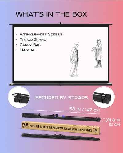 PropVue Projector Screen with Stand 60 inch - Indoor and Outdoor Projection Screen for Movie or Office Presentation - 16:9 HD Premium Wrinkle-Free Tripod Screen