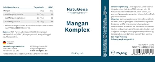 NatuGena Mangan-Komplex, Gluconat, Bisglycinat, Citrat, trägt zu einem gesunden Energiestoffwechsel bei, 120 Kapseln (120 Tage Packung)