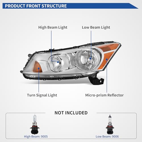 Image of oEdRo Headlight Assembly Compatible with 2008 2009 2010 2011 2012 Accord 4-Door Sedan Headlamp Replacement Chrome Housing Amber Reflector Clear Lens