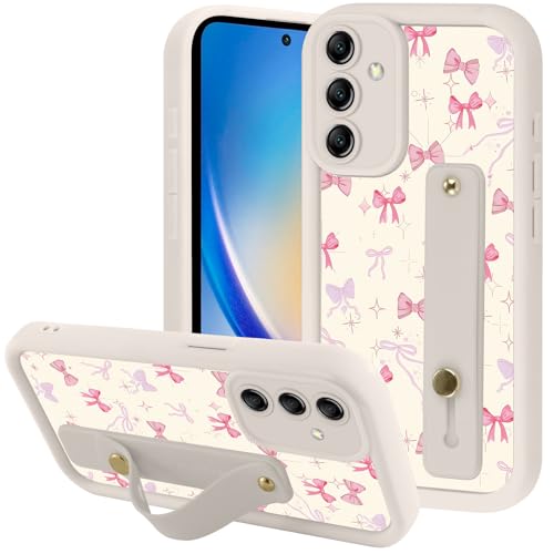 Zrutru Aesthetic Pink Bow Star Phone Case for Samsung Galaxy A35 5G with Flexible Adjustable Soft Finger Hand Wrist Strap Holder Kickstand Silicone Shockproof Protection Funda for Samsung A35 6.6 Inch