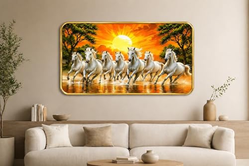 Image of BerryBox 7 Running White Horses Vastu Painting with Golden Border 11x17 Inch | Auspicious White Horse Wall Art Frame for Living Room Bedroom Office | Running 7 Horses Success Wealth Vastu Artwork Home Decor
