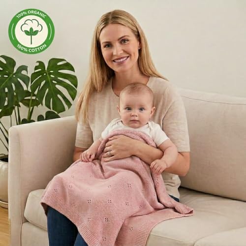 Image of 100% Organic Cotton Knit Receiving Baby Blanket for Newborns - Soft, Breathable Blanket for Crib & Stroller - Nursery Gift (Blush)