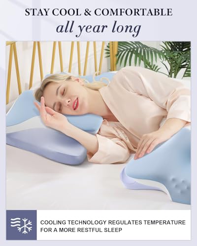 Cervical Pillow for Neck Pain Relief, Cooling Ergonomic Memory Foam Pillows for Sleeping with Luxury Anti-pilling Pillowcase, Contour Orthopedic Neck Support Pillow for Side Back Stomach Sleepers-Blue