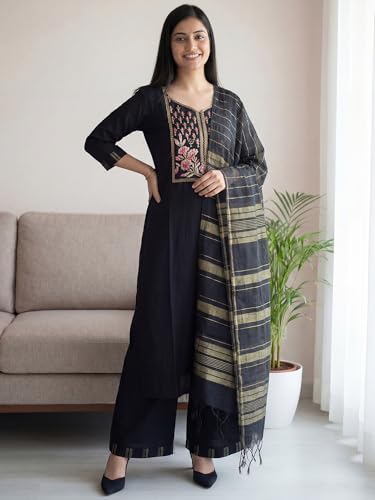 Image of INDO ERA Women's Straight Cotton Kurta Palazzo with Dupatta Set | Cotton kurta sets for women